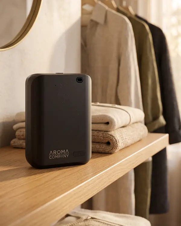 Aromatizador BT200 negro sobre un estante de una boutique