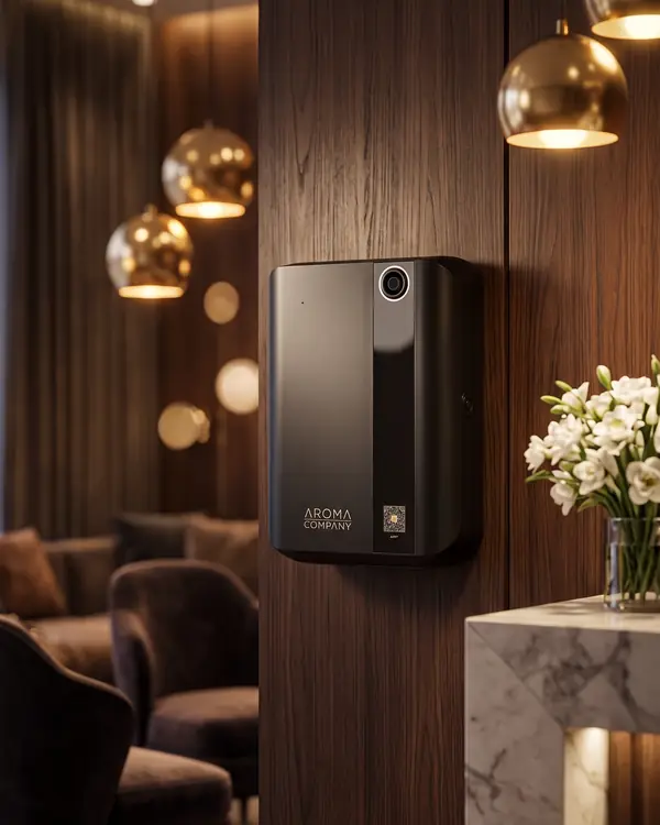 Aromatizador BT500 negro en la pared del lobby de un hotel