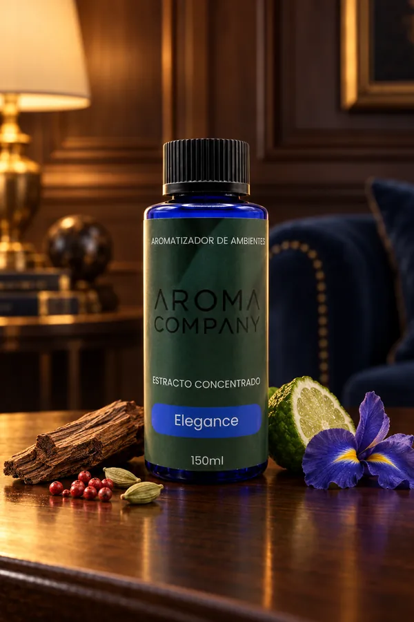 Frasco de 150 ml de la fragancia Elegance, rodeado de sus notas