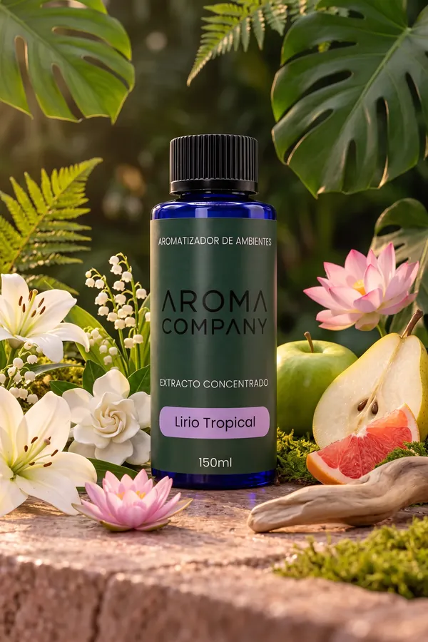 Frasco de 150 ml de la fragancia Lirio Tropical, rodeado de sus notas