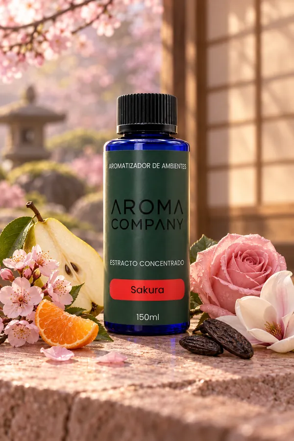 Frasco de 150 ml de la fragancia Sakura, rodeado de sus notas