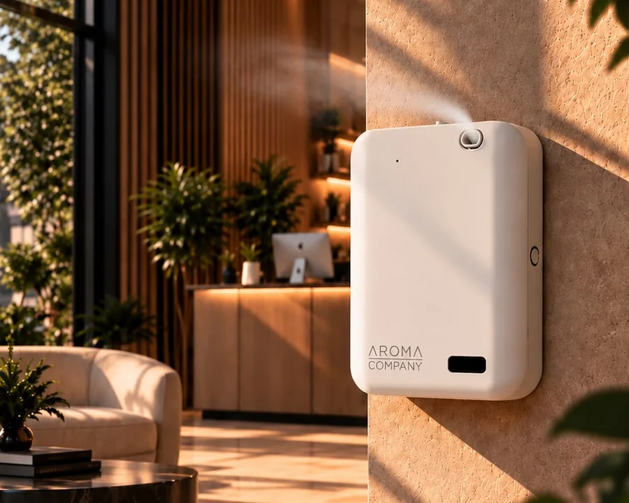 Aromatizador BT200 blanco difundiendo fragancia en la pared de una recepción