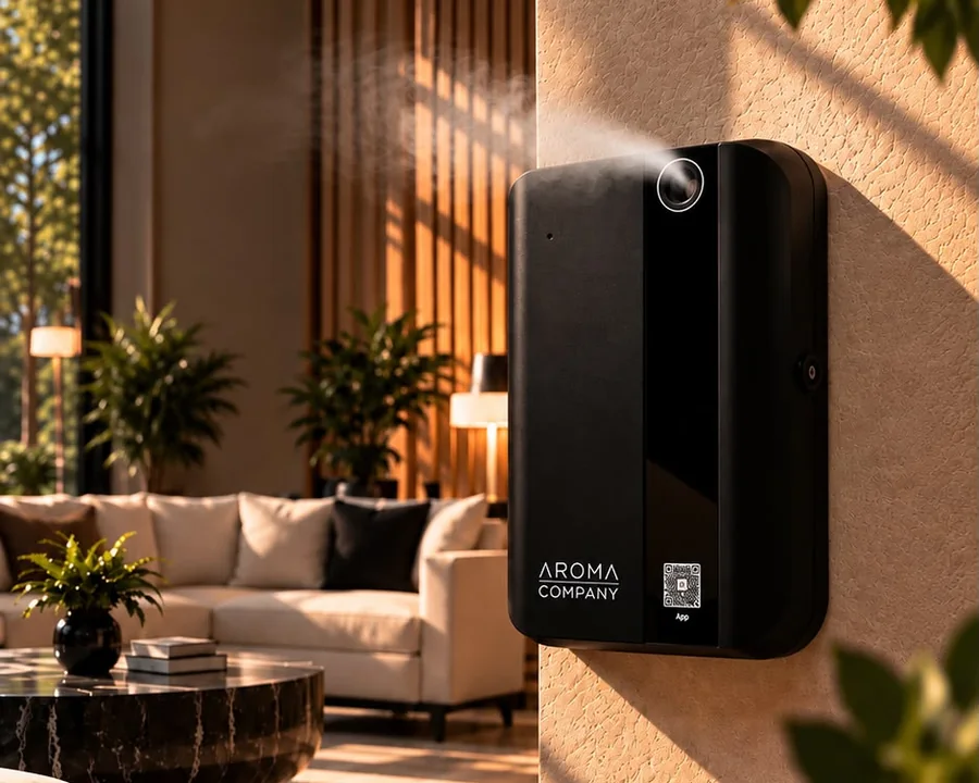 Aromatizador BT500 negro difundiendo fragancia en la pared de un lobby