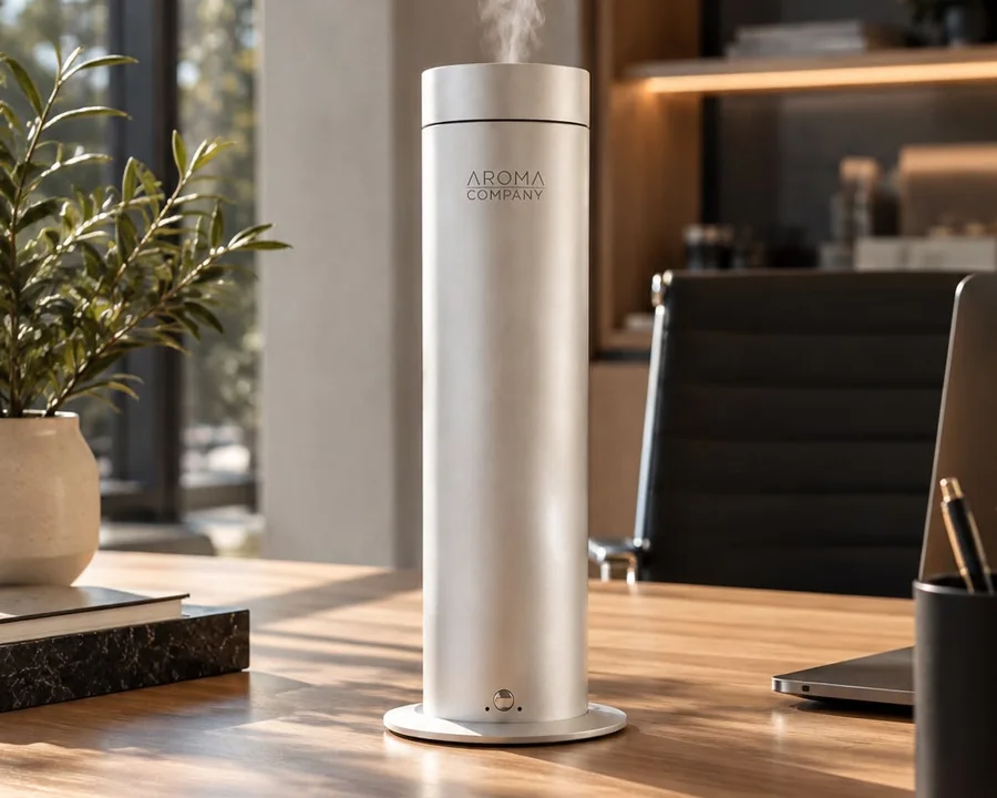Aromatizador Torre plata difundiendo fragancia sobre un escritorio